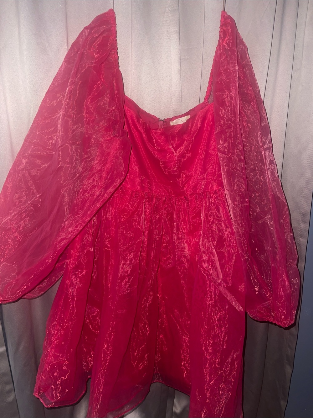 Altar'd State Hot Pink Sheer off the shoulder Puff-Sleeve Mini Dress